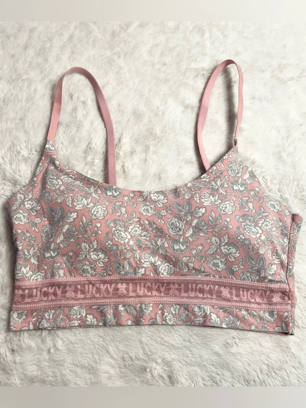 Lucky Brand Pink & Gray Floral Logo Band Bralette Size Medium Wireless Comfort